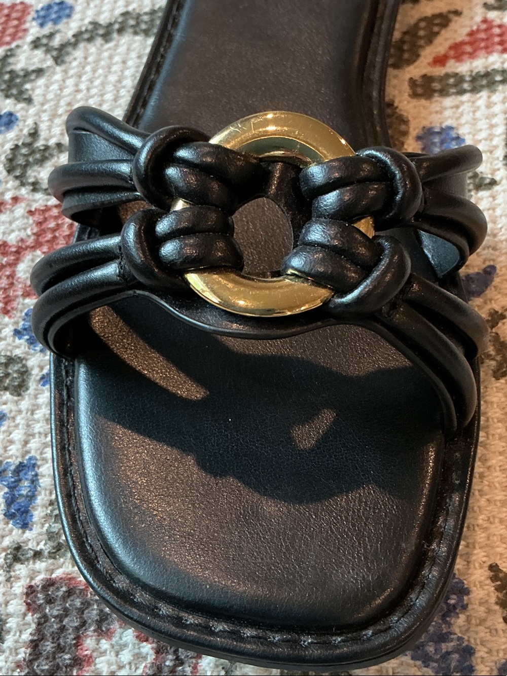 Zara Black Leather Knot Slide Sandals with Gold Ring - Picture 4 of 5